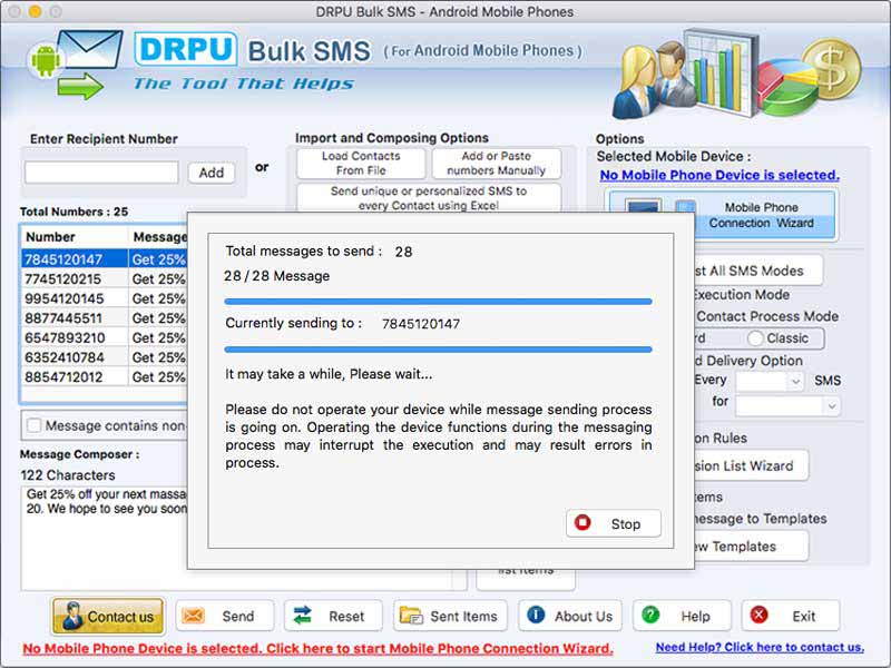 Screenshot of Mac Android Bulk SMS Software