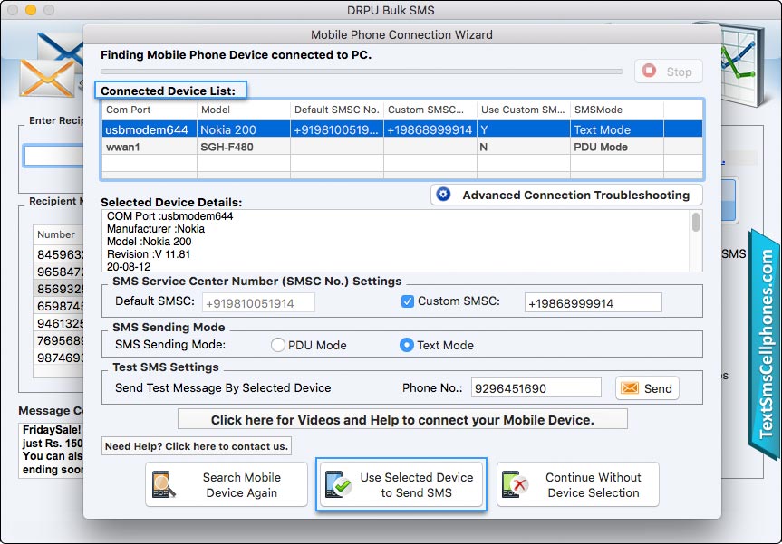 Use Selected device to send sms