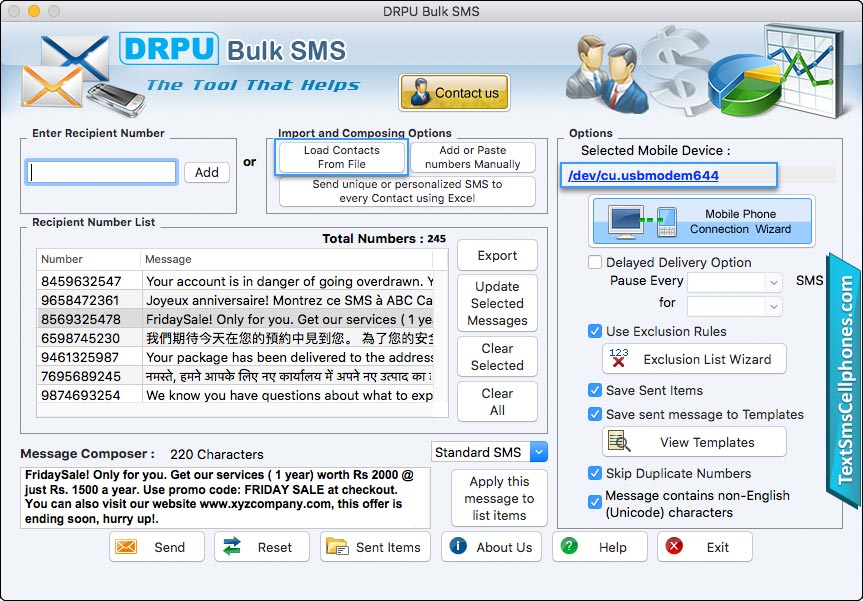 Mac Bulk SMS Software for GSM Mobile Phones